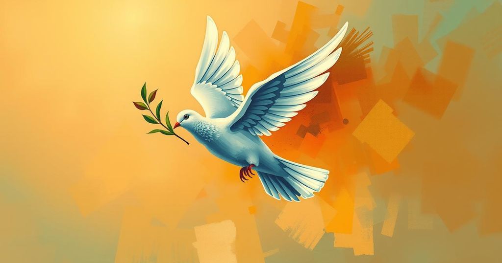 A symbolic representation of unity and humanitarian support, featuring a dove carrying an olive branch over a backdrop of diverse colored flags.