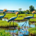 Vibrant landscape featuring gray crowned cranes in wetlands, showcasing successful wildlife conservation efforts.