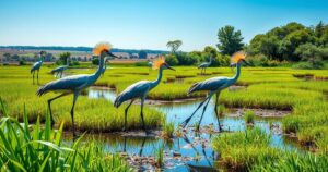 Vibrant landscape featuring gray crowned cranes in wetlands, showcasing successful wildlife conservation efforts.