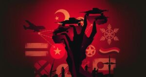 A montage of silhouettes representing Sudan's conflict with elements showing foreign influence and military themes.