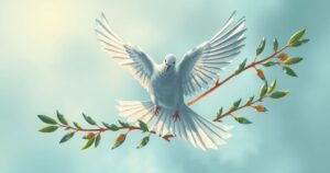 A symbolic representation of unity and peace, featuring a dove flying over intertwined olive branches against a serene blue sky.