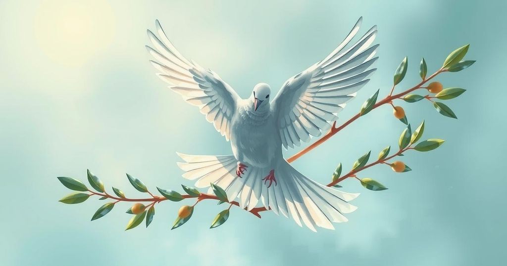 A symbolic representation of unity and peace, featuring a dove flying over intertwined olive branches against a serene blue sky.