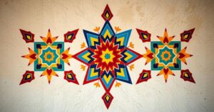 Colorful traditional wall decoration representing Al-Qatt Al-Asiri art with geometric patterns and natural colors.
