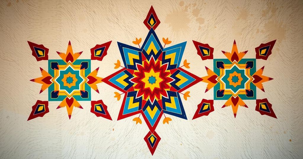 Colorful traditional wall decoration representing Al-Qatt Al-Asiri art with geometric patterns and natural colors.