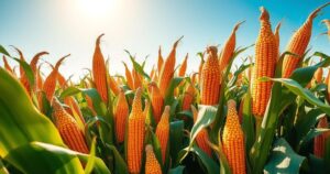 A corn field with ripe golden corn under a clear blue sky, highlighting agricultural success and opportunities.