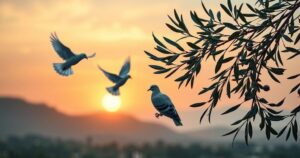 Symbolic transition in Syria's political landscape with olive branches and doves against a sunset.