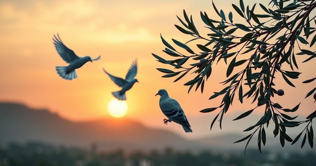Symbolic transition in Syria's political landscape with olive branches and doves against a sunset.