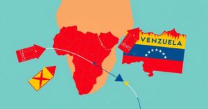 Map of Nigeria and Venezuela with symbolic arrows showing rejection of deportations, colorful graphic style and warm tones.