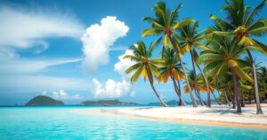 A serene beach scene in St. Lucia with palm trees, soft white sand, and gentle waves under a bright blue sky.