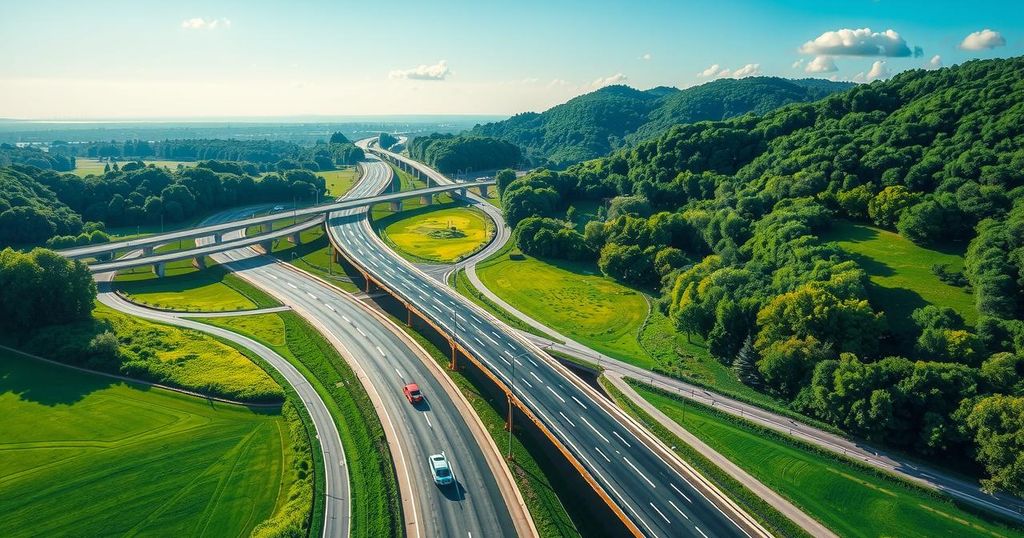 A vibrant landscape featuring broad roads and highways surrounded by lush greenery to symbolize infrastructure development.