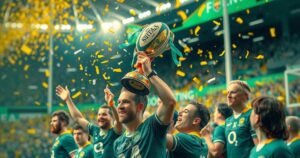 South Africa Junior Rugby team celebrates victory with trophy in a vibrant stadium setting.