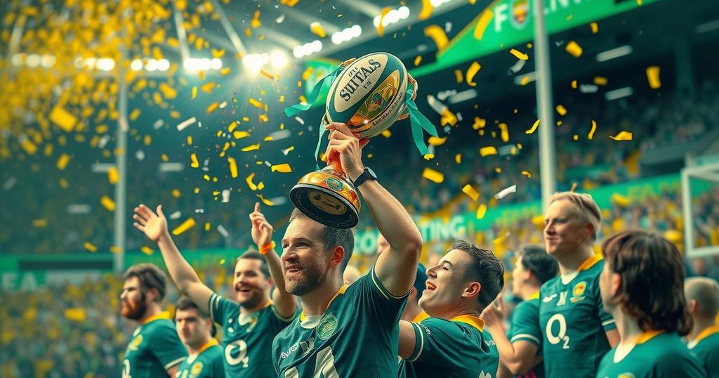 South Africa Junior Rugby team celebrates victory with trophy in a vibrant stadium setting.