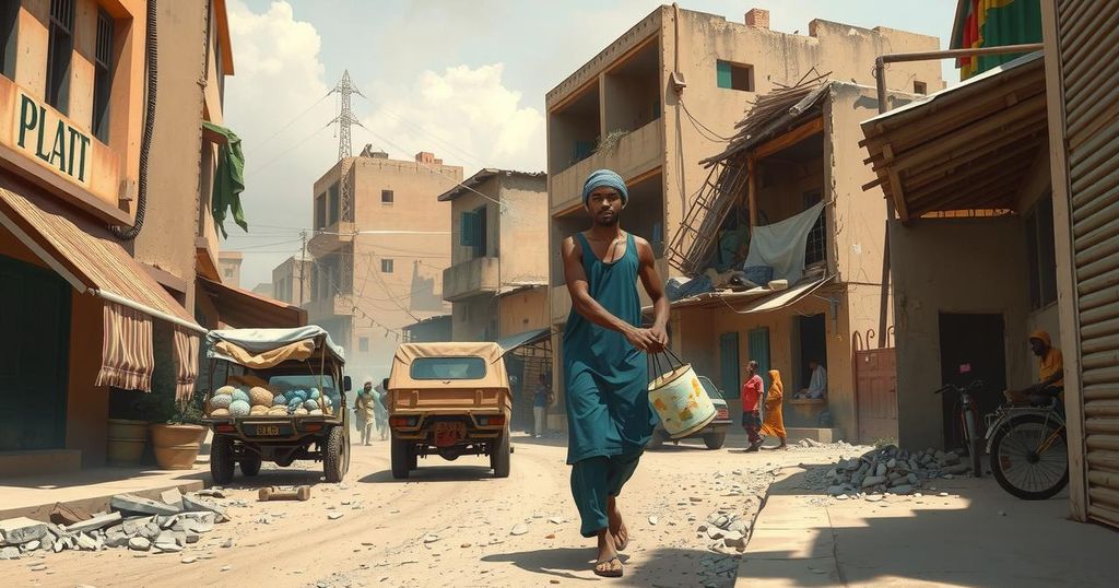 A street view in Omdurman, Sudan showing signs of recovery post-conflict with shops and modest city life.