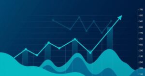 Financial data visualization with abstract graph and declining trend lines in shades of blue and green.