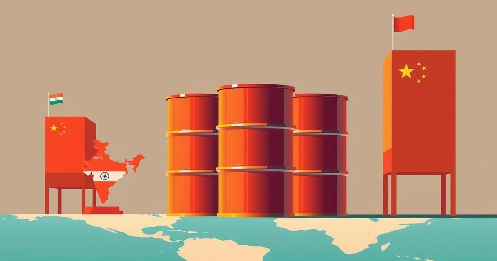 A conceptual illustration depicting trade conflicts with oil barrels and symbolic structures representing India and China.