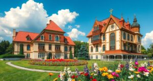 Two symbolic buildings representing Pakistan and Poland with flags, surrounded by a beautiful landscape.