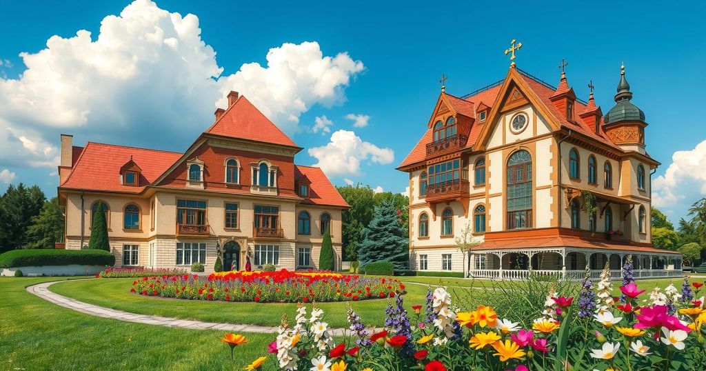 Two symbolic buildings representing Pakistan and Poland with flags, surrounded by a beautiful landscape.