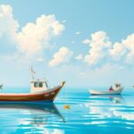 A serene coastal scene depicting mullet fishing activity in Kuwait, with fishing boats on calm waters and clear skies.