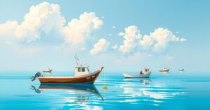 A serene coastal scene depicting mullet fishing activity in Kuwait, with fishing boats on calm waters and clear skies.