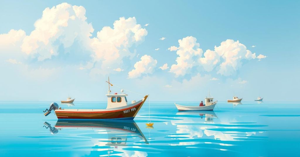 A serene coastal scene depicting mullet fishing activity in Kuwait, with fishing boats on calm waters and clear skies.