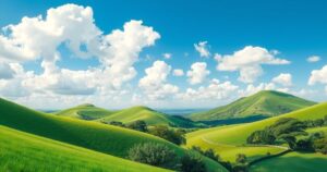 Lush green hills overlooking a serene Mozambique landscape under a clear sky, symbolizing hope and economic recovery.