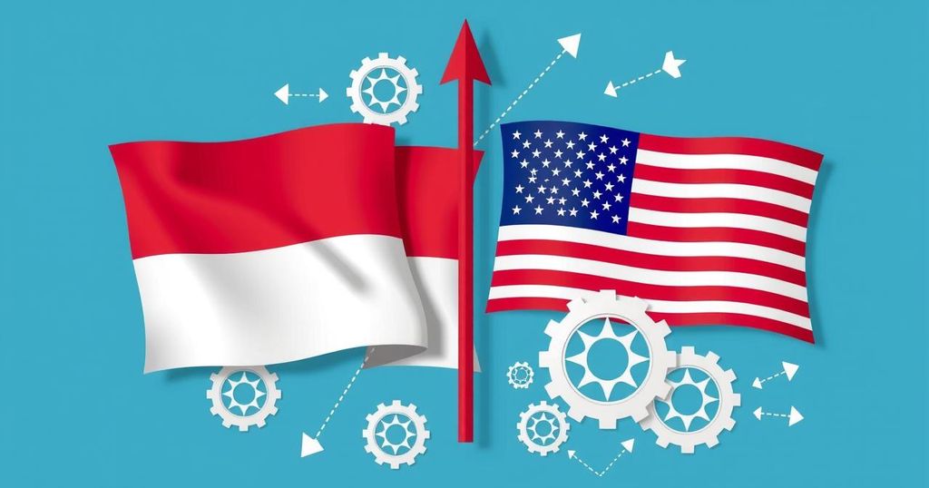 Trade agreement representation featuring flags of Indonesia and the U.S. with symbols of commerce and partnership.