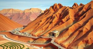 Moroccan landscape highlighting cobalt mining; orange hues, terraced villages, and serpentinite rock formations.