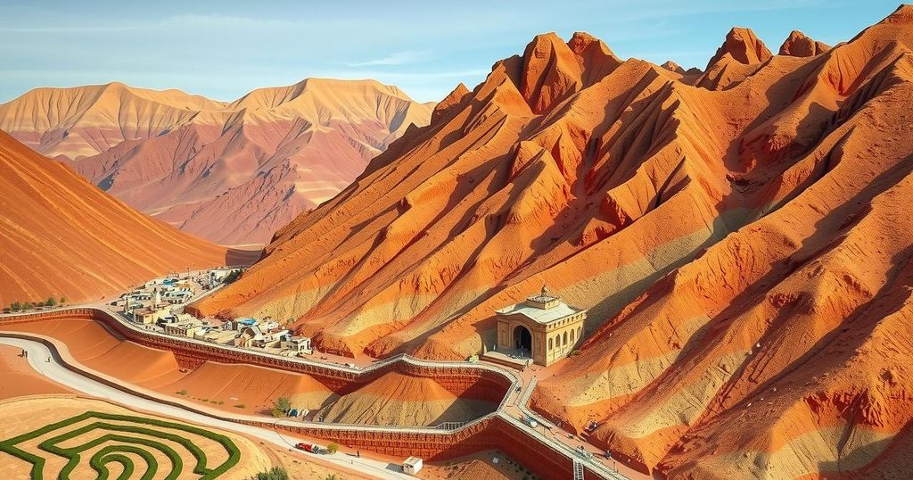 Moroccan landscape highlighting cobalt mining; orange hues, terraced villages, and serpentinite rock formations.