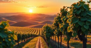A vibrant depiction of a vineyard with grapevines under a sunset, capturing the essence of premium brandy production.