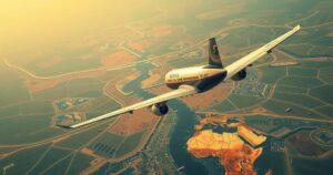 An artistic representation of a plane flying over Africa, symbolizing complex migration issues and geopolitical tensions.