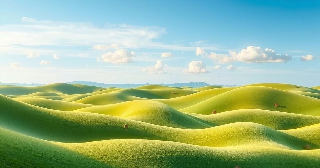 A peaceful landscape representing dialogue and cooperation, with green grass hills and blue sky, echoing harmony and unity.