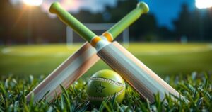 Two cricket bats and a ball on a grassy field before a match in vibrant colors, reflecting the excitement of the sport.