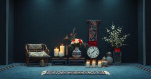 A mourning ceremony with symbolic elements of observance, featuring dark colors and traditional motifs.