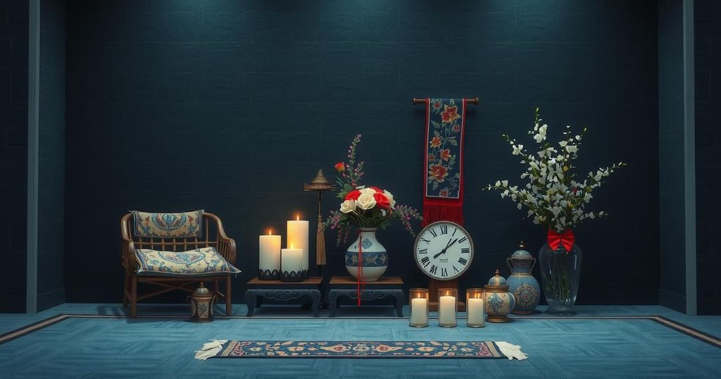A mourning ceremony with symbolic elements of observance, featuring dark colors and traditional motifs.