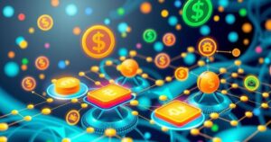 A vibrant digital landscape showcasing Colombia’s cashless transformation with financial networks and symbols for instant payments.