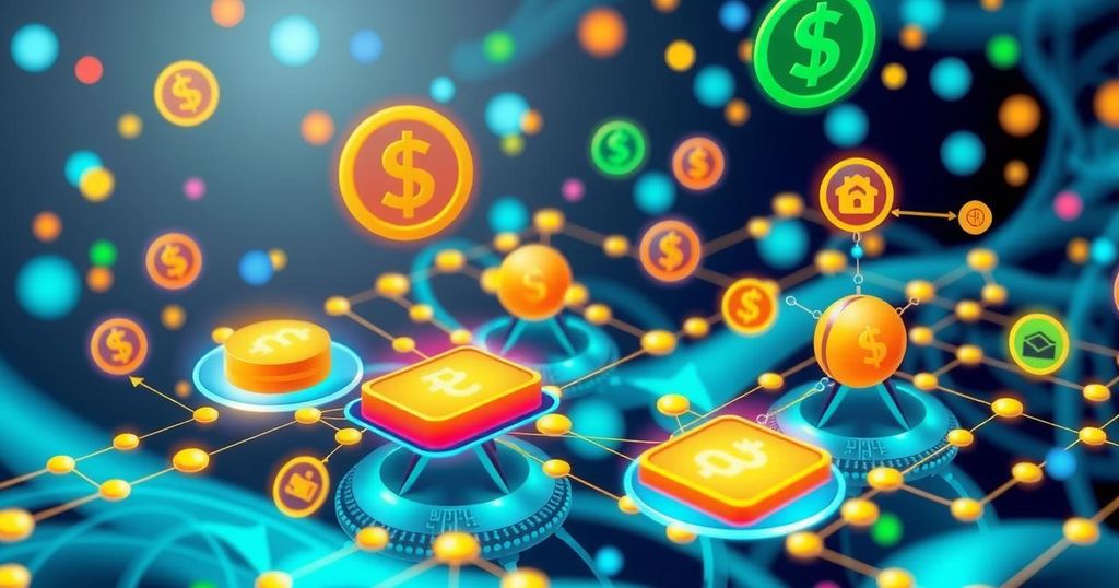 A vibrant digital landscape showcasing Colombia’s cashless transformation with financial networks and symbols for instant payments.