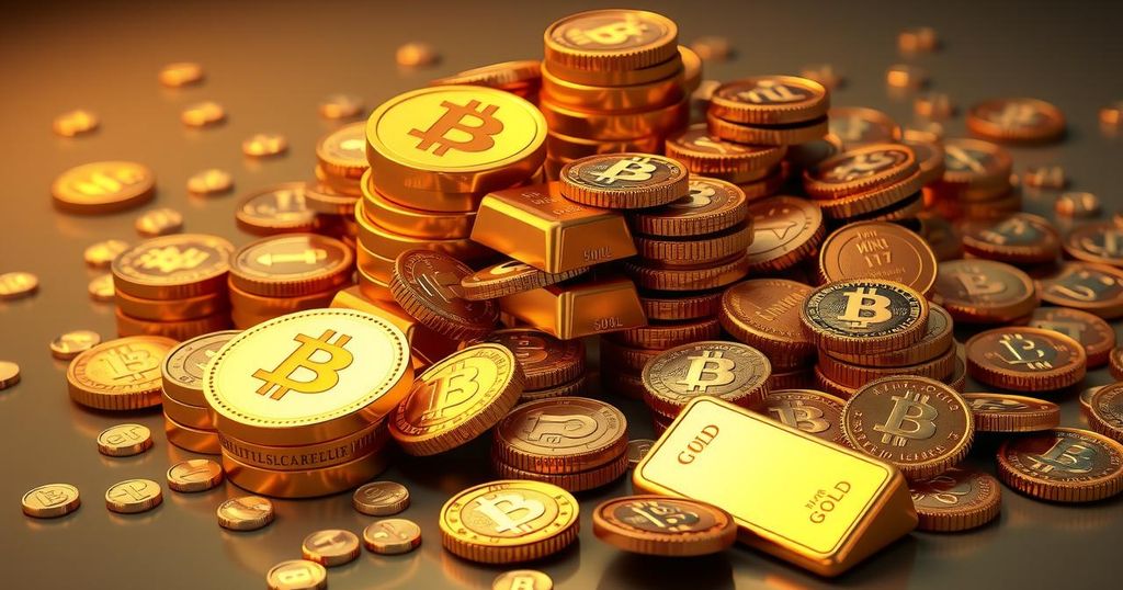 A golden pile of coins represents Ghana's recent gold reserve gain, showcasing prosperity in financial strategy.