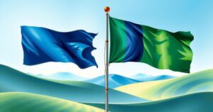 Two flags symbolizing negotiation, with colors of blue and green representing diplomacy and hope.