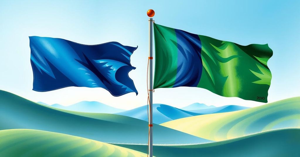 Two flags symbolizing negotiation, with colors of blue and green representing diplomacy and hope.