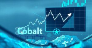 Cobalt market analysis visualization with cobalt metal and hydroxide on a graph against a backdrop of mining activity.