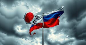 North Korean and Russian flags entwined symbolizing cooperation and strong military ties.