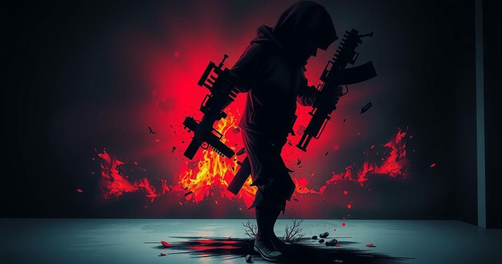 An exhibition illustrating the impact of terrorism, featuring dark and somber colors, with a dramatic art style.