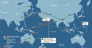 A visual representation of global military alliances and tensions surrounding Taiwan and NATO.