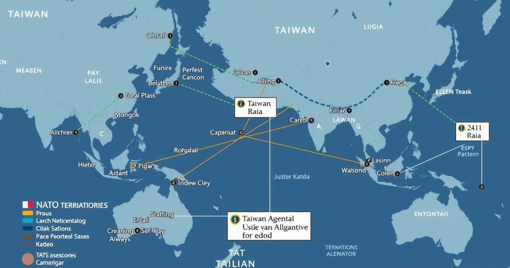 A visual representation of global military alliances and tensions surrounding Taiwan and NATO.