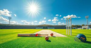 A cricket field with a vibrant green pitch under a blue sky, showcasing equipment like bats and balls in a realistic style.