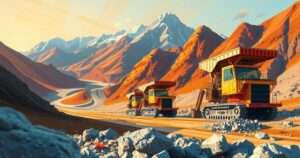 Vibrant landscape reflecting copper mine activity with mining equipment and scenic mountain backdrop in Chile.