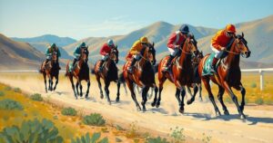 Vibrant scene of horse racing in Lesotho with colorful blankets and scenic mountainous landscape.