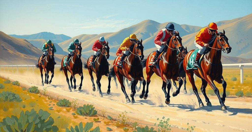 Vibrant scene of horse racing in Lesotho with colorful blankets and scenic mountainous landscape.