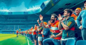 A rugby stadium filled with cheering fans under bright lights during a match, with vibrant colors and dynamic atmosphere.