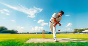 A cricket match scene showing a bowler delivering a ball with a vibrant green field and clear blue sky.